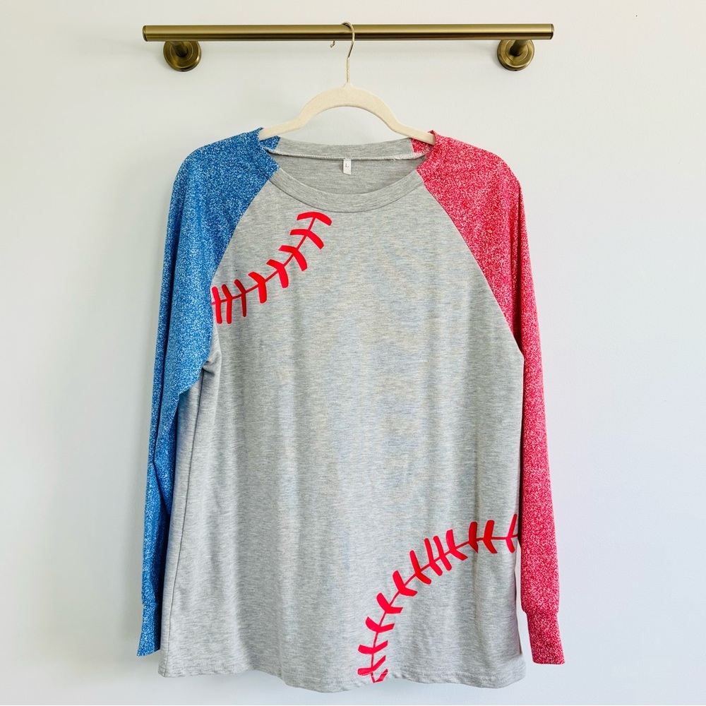 Baseball Shirt - Gray with Red and Blue Sleeves